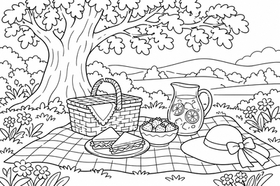 Summer picnic under an oak coloring page