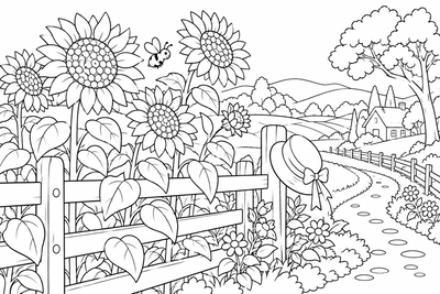 Sunflowers along a country fence coloring page