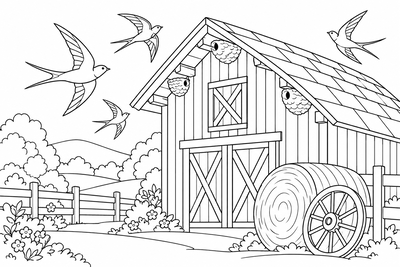 Swallows around the old barn coloring page