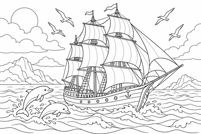 Tall ship on the open sea coloring page