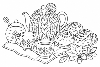 Tea cozy and cinnamon rolls coloring page