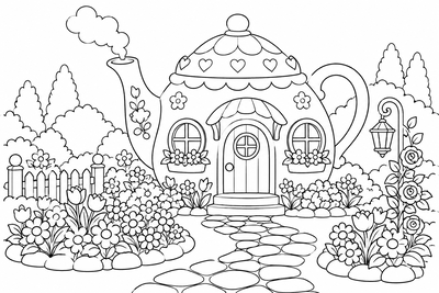 Teapot cottage coloring page
