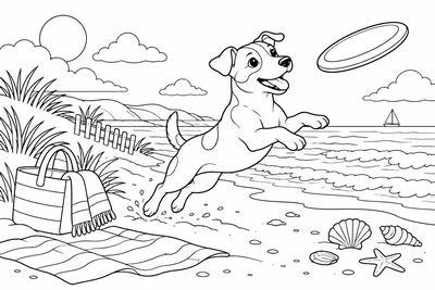 Terrier catching a flying disc coloring page