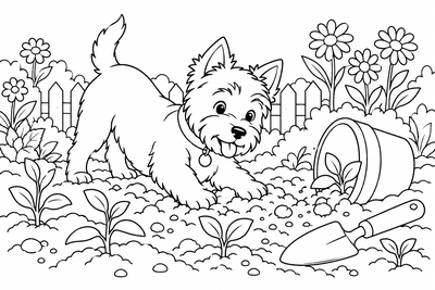 Terrier puppy digging in the garden coloring page