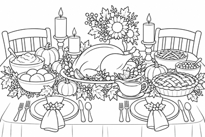 Thanksgiving dinner table coloring page
