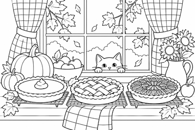 Thanksgiving pies on the windowsill coloring page