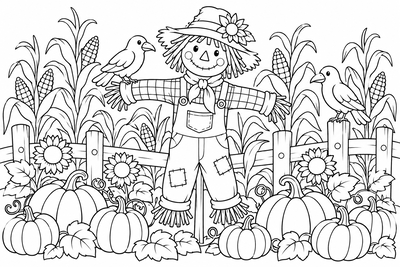 Thanksgiving scarecrow in the field coloring page