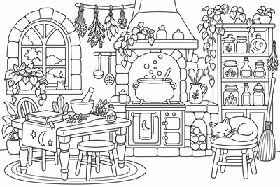 The witch's kitchen coloring page
