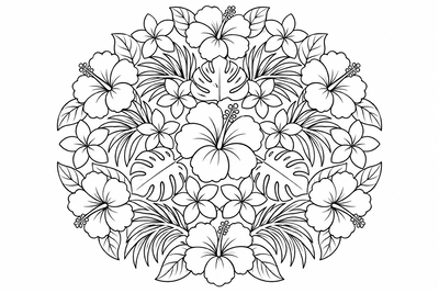 Tropical hibiscus mandala coloring page