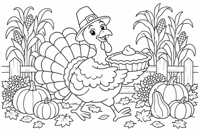 Turkey carrying a pumpkin pie coloring page