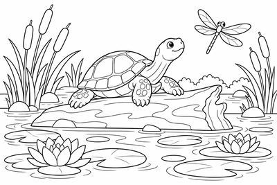 Turtle sunbathing on a log coloring page