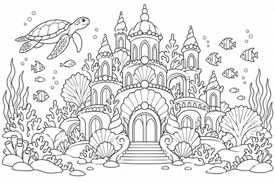 Underwater shell palace coloring page