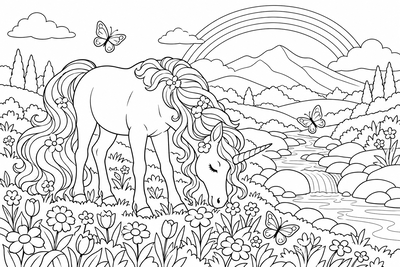 Unicorn in a wildflower meadow coloring page