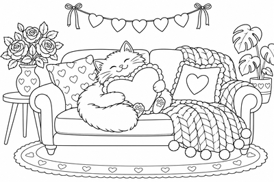 Valentine's cat with a heart coloring page