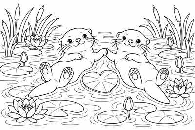 Valentine's otters holding paws coloring page