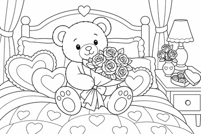 Valentine's teddy bear with roses coloring page