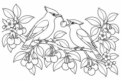 Waxwings in the cherry tree coloring page