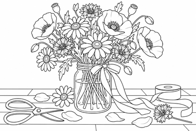 Wildflower bouquet in a jar coloring page