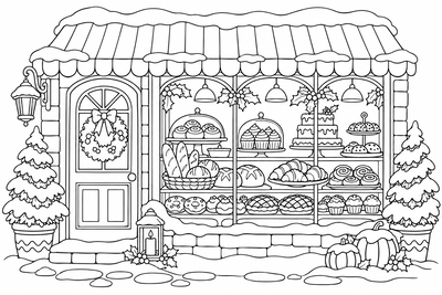 Winter bakery window coloring page