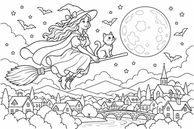 Witch over the village coloring page