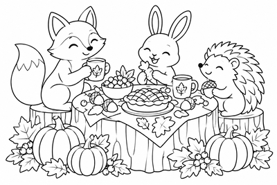 Woodland Thanksgiving feast coloring page