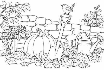 Wren on a garden spade coloring page