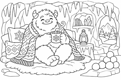 Yeti in a cozy ice cave coloring page