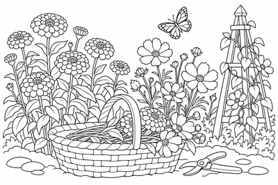 Zinnias in the cutting garden coloring page